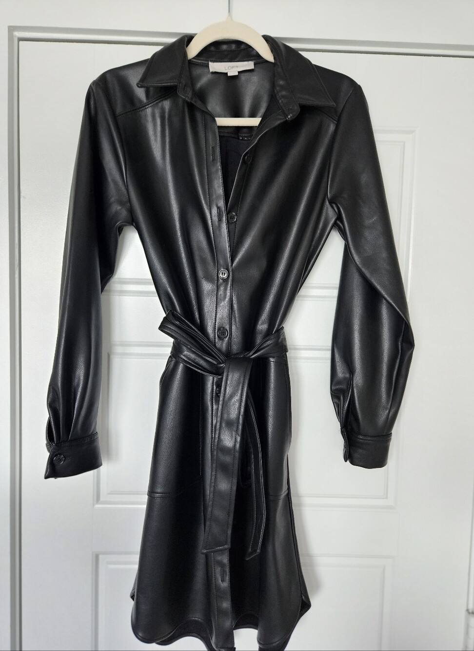LOFT Black Faux Leather Shirtdress with Tie Waist